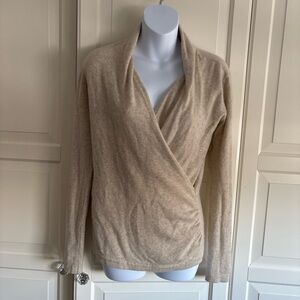 100%Cashmere Faux Wrap Sweater Quiet luxury Feminine Ballerina Style Sz S Beige